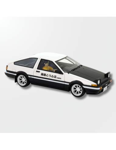 Vista lateral del Toyota Trueno AE86 de Avant slot en resina blanco y negro con detalles de la tienda de tofu.