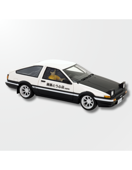 Vista lateral del Toyota Trueno AE86 de Avant slot en resina blanco y negro con detalles de la tienda de tofu.