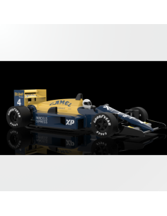 Lateral del Tyrrell 018 de Jean Alesi con dorsal 4 y colores Camel.