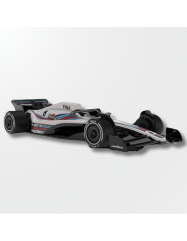 Vista lateral del Formula 22/26 con decoración Martini Racing blanca y dorsal 8.