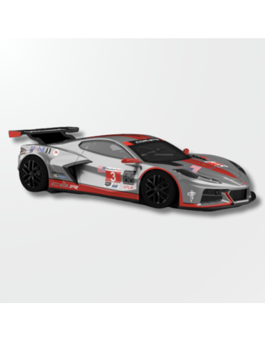 vista lateral del Corvette C8.R plateado con detalles rojos y dorsal 3.